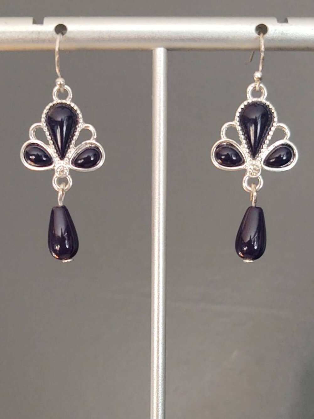 Navy and silver drop earrings with cz accents